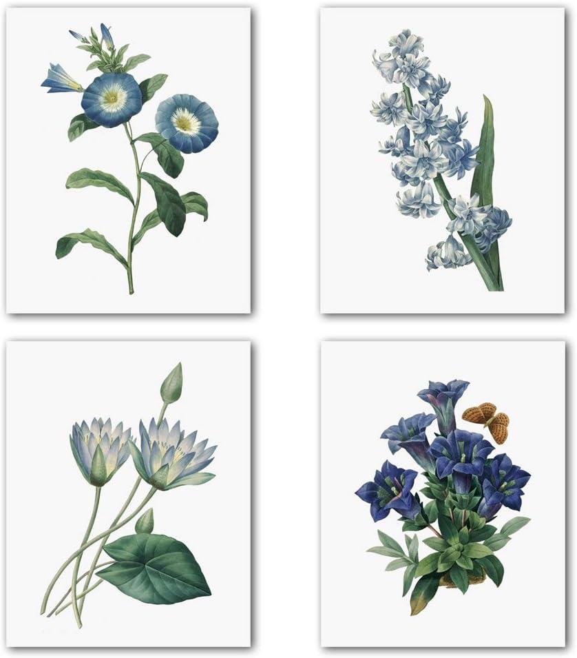 Blue Flower Canvas Wall Art Print, Vintage Floral Botanical Decor Antique Botany Poster, Blue Tone Morning Glory Water Lily Hyacinth Gentian Decorate for Office, Set of 4 ,8 X 10 In Unframed