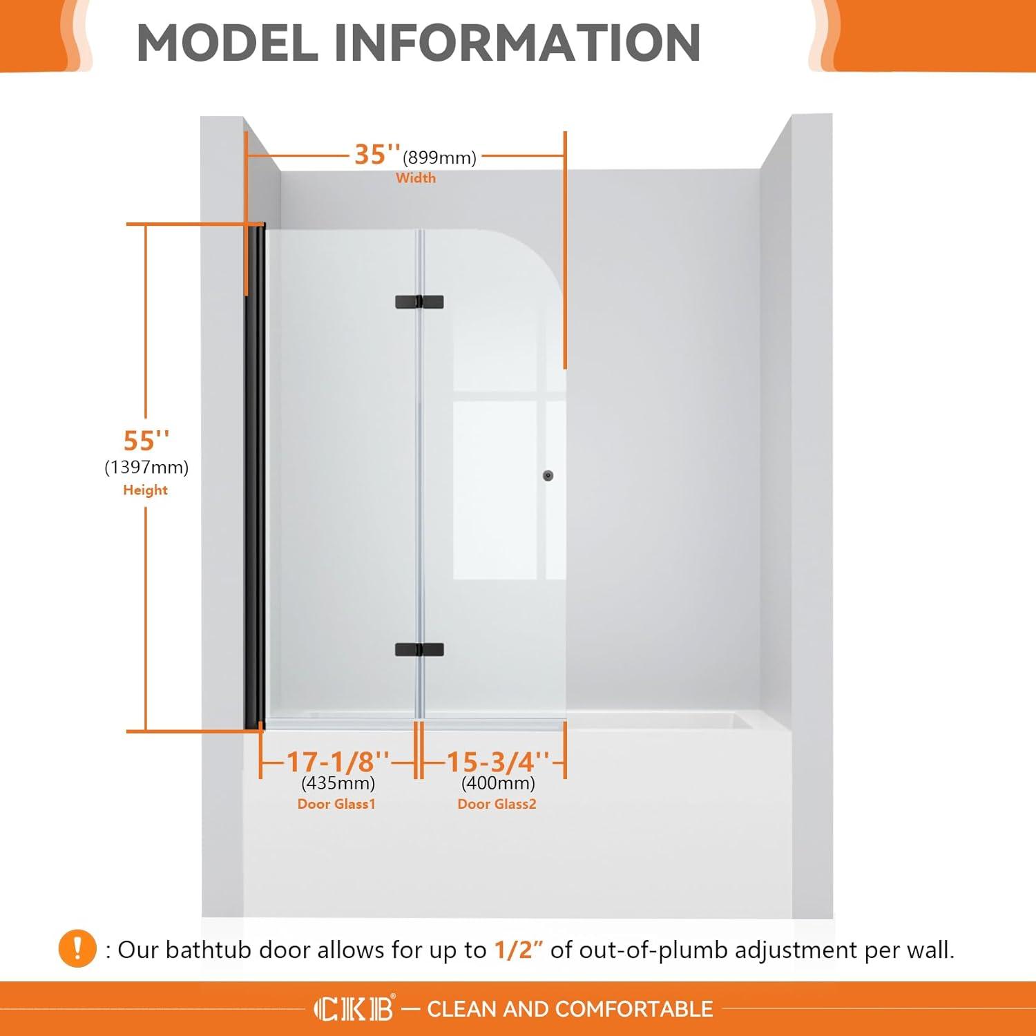 35'' - W x 55'' H Pivot Door Frameless Tempered Glass Tub Door with Easy Clean Coating