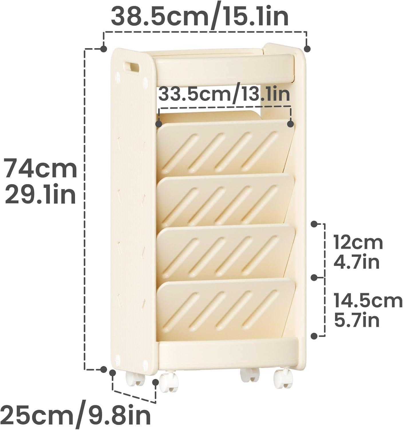 hoopyosms 6-Tier Double-Sided Kids Bookshelf With Wheels, Slanted Shelves & HDPE Material - Beige, Mobile Book Storage For Bedroom Or Playroom