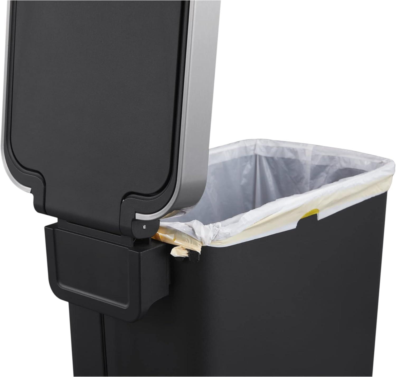 10.5 Gallon Black Plastic Slim Step-On Trash Can with Stainless Steel Accents