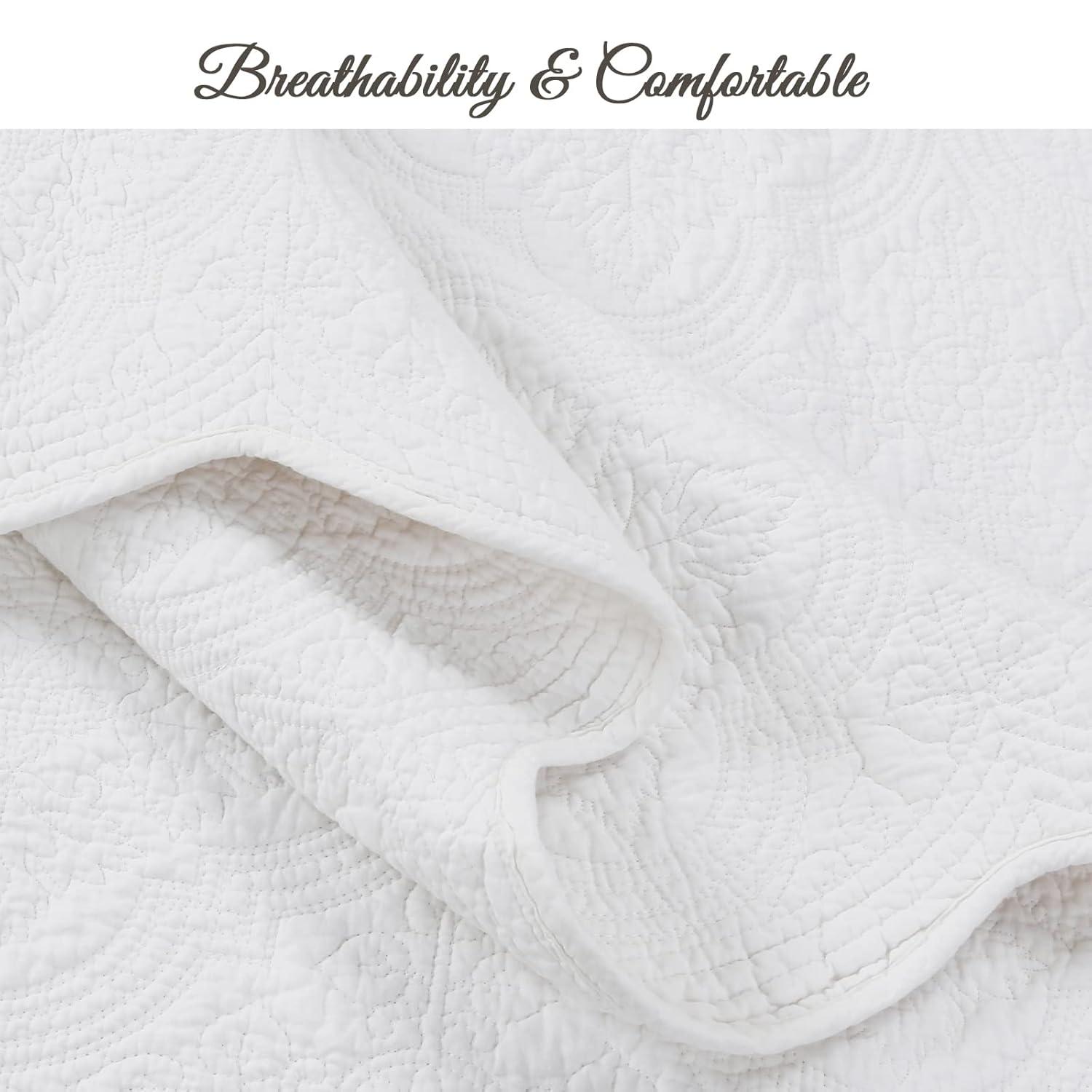 Cozy Line Victorian Medallion Matelasse Scalloped Edge 100% Cotton 3-Piece White Quilt Bedding Set, Queen