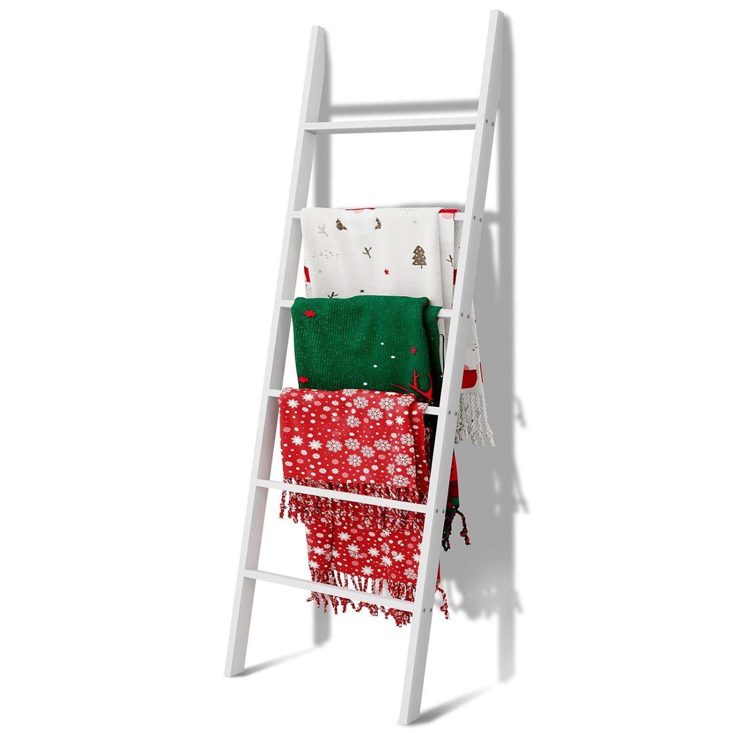 Latitude Run® Wood Blanket Ladder, 57.5'' Rustic Towel Quilt Throw Blanket Ladders For The Living Room, Bedroom, Nursery Stand Holder, Wooden Decorative Ladder For Blankets Rack Farmhouse Home Decor, White