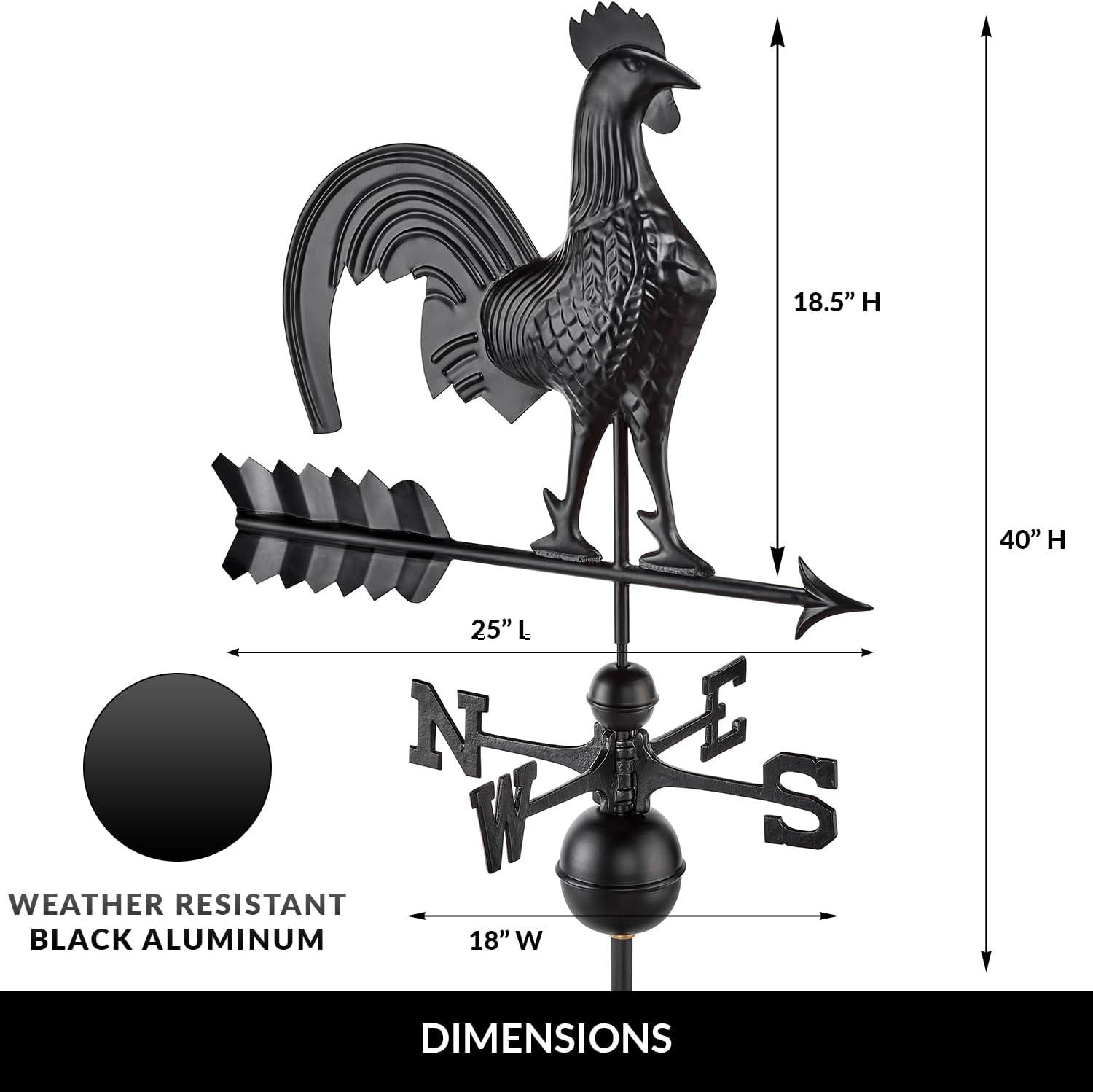 Large Black Aluminum Rooster Weathervane with Directionals