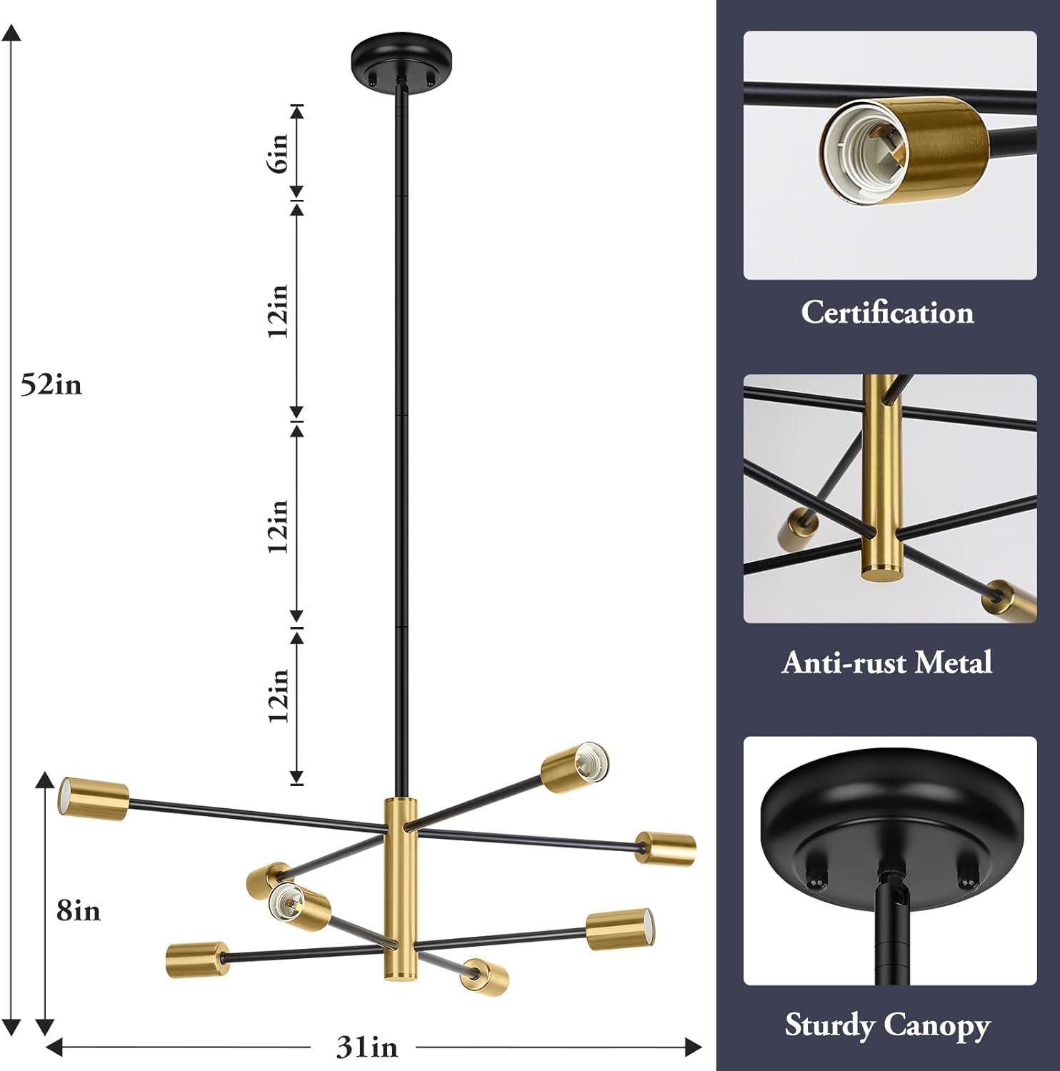 KAISITE Modern Sputnik Chandelier - 8-Light Ceiling Light Fixture Height Adjustable Mid Century Plating Finished Black and Gold Chandelier for Bedroom Living Room Dining Room Kitchen Foyer