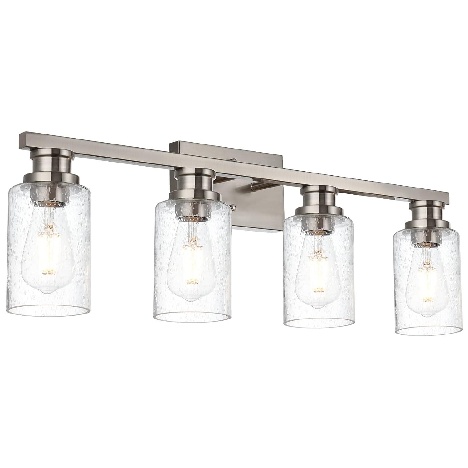 Melucee Brushed Nickel Industrial Bathroom Vanity Light Fixtures Over Mirror Seeded Glass 4 Lights Vintage Vanity Lights Farmhouse Bath Lighting