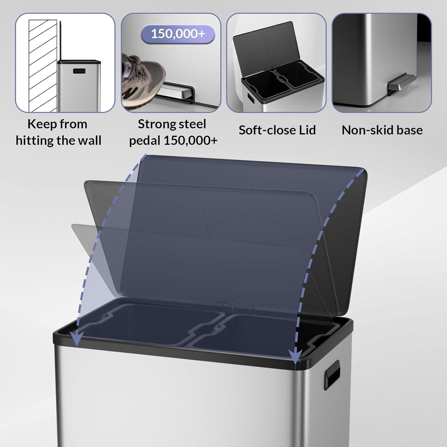 GlowSol Dual Trash Can for Recycling and Trash, Stainless Steel Kitchen Trash Can with Lid and Foot Pedal, Double Compartment Garbage Can, Trash Can with Recycling Bin (2 x 15 L)