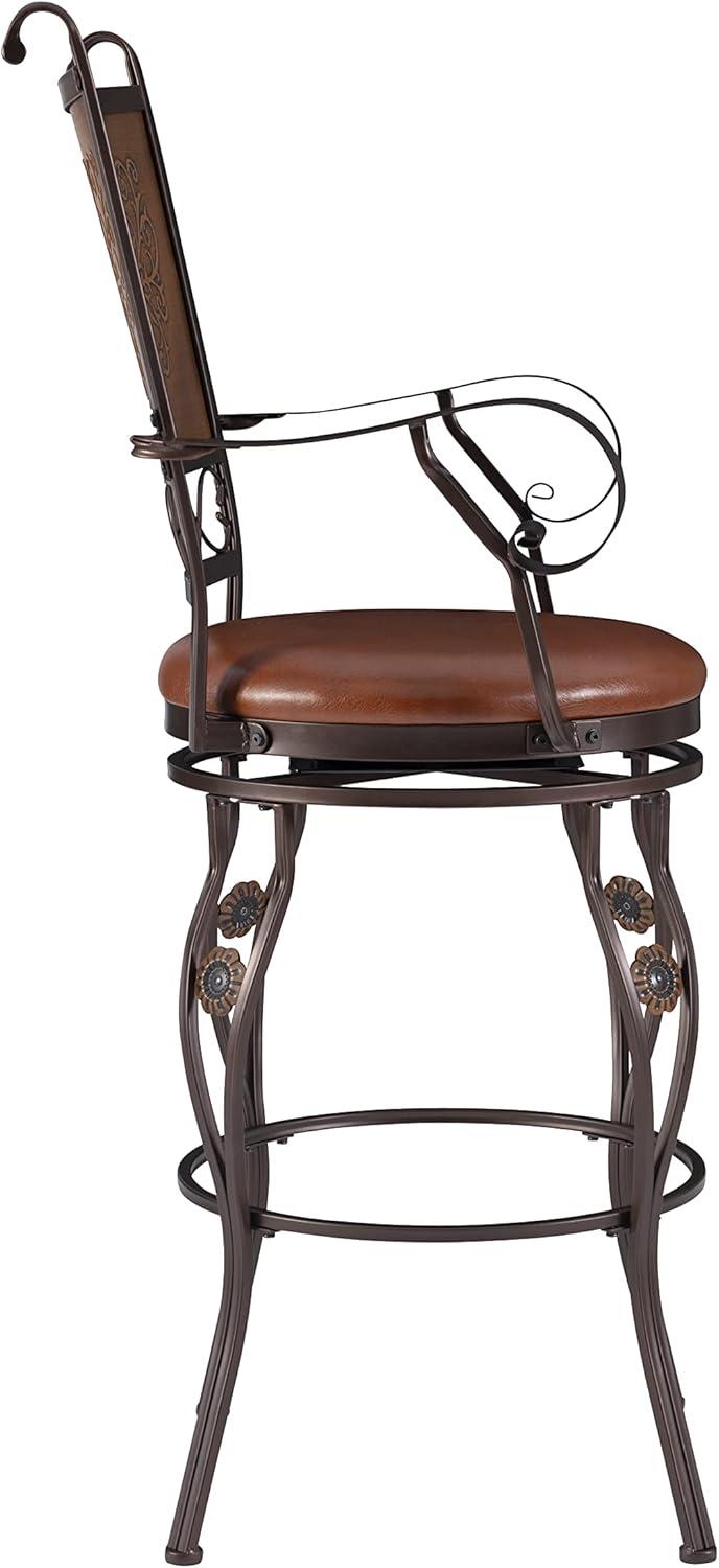 Powell Beatrix Big & Tall 30" High Back Indoor Copper Stamped Round Metal Bar Stool wth Swivel, Bronze/Warm Rust Faux Leather