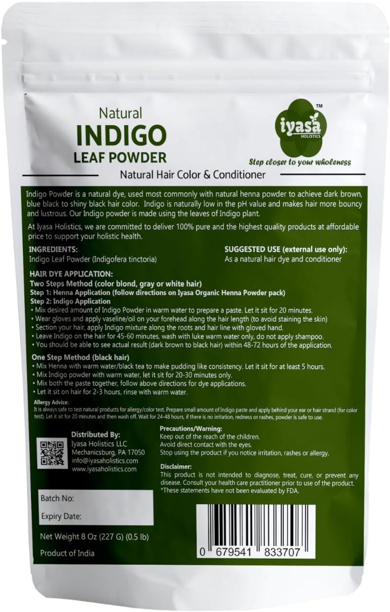 Iyasa Holistics Indigo Powder,Indigofera tinctoria, 8 oz/226 gm, Natural Hair Dye Color Henna Application