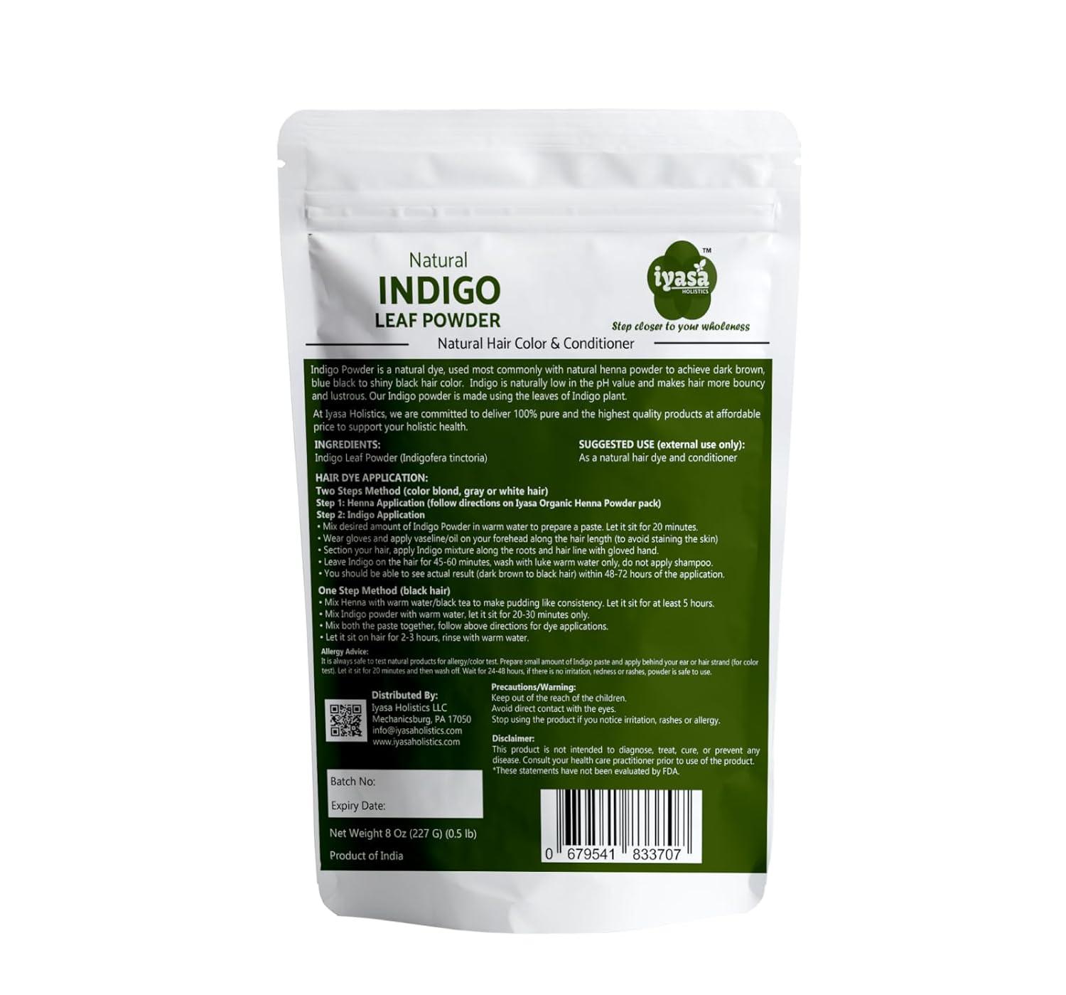 Iyasa Holistics Indigo Powder,Indigofera tinctoria, 8 oz/226 gm, Natural Hair Dye Color Henna Application