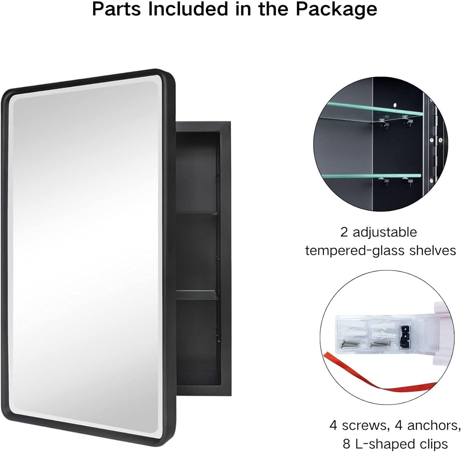 TEHOME Farmhouse 16 in. W x 24 in. H Small Recessed Metal Rectangular Bathroom Medicine Cabinets with Mirror in Matt Black