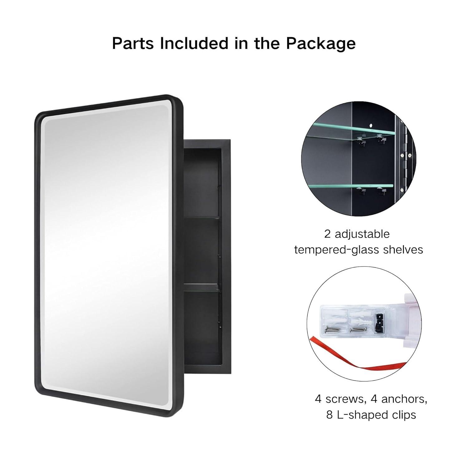 TEHOME Farmhouse 16 in. W x 24 in. H Small Recessed Metal Rectangular Bathroom Medicine Cabinets with Mirror in Matt Black