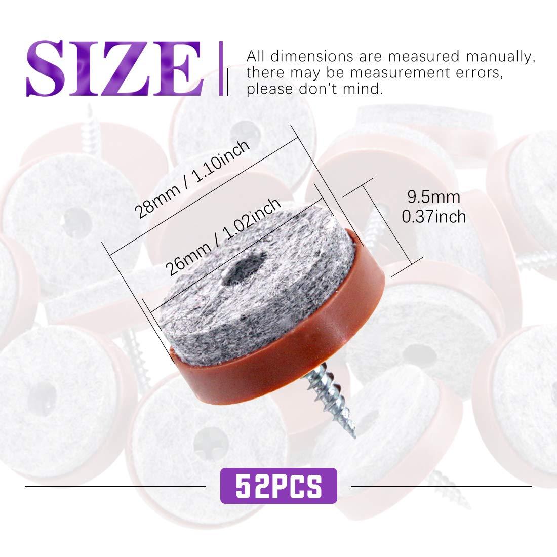 Swpeet 52Pcs 20mm Brown Furniture Felt Pads Non Slip Furniture Pads with Screw-on Felt Pad Furniture Slider Floor Protector for Wooden Leg Feet of Chair Table Sofa
