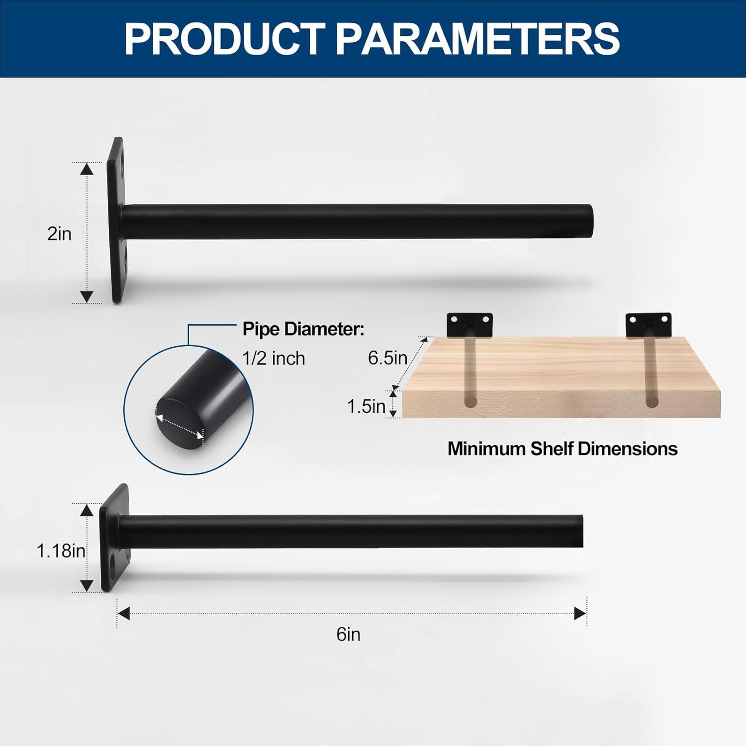 8 Pcs 6" Black Solid Steel Floating Shelf Bracket Blind Shelf Supports - Hidden Brackets for Floating Wood Shelves - Concealed Blind Shelf Support – Screws and Wall Plugs Included