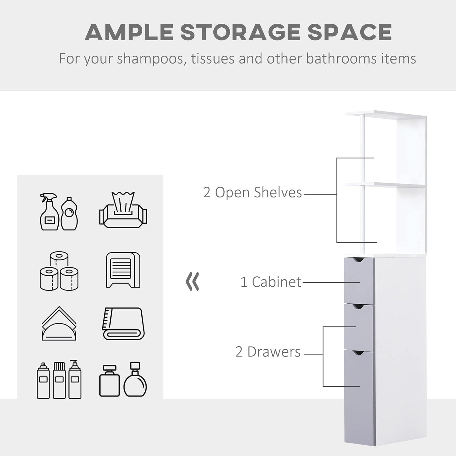 HOMCOM 54" Tall Bathroom Storage Cabinet, Freestanding Linen Tower with 2-Tier Shelf and Drawers, Narrow Side Floor Organizer, White