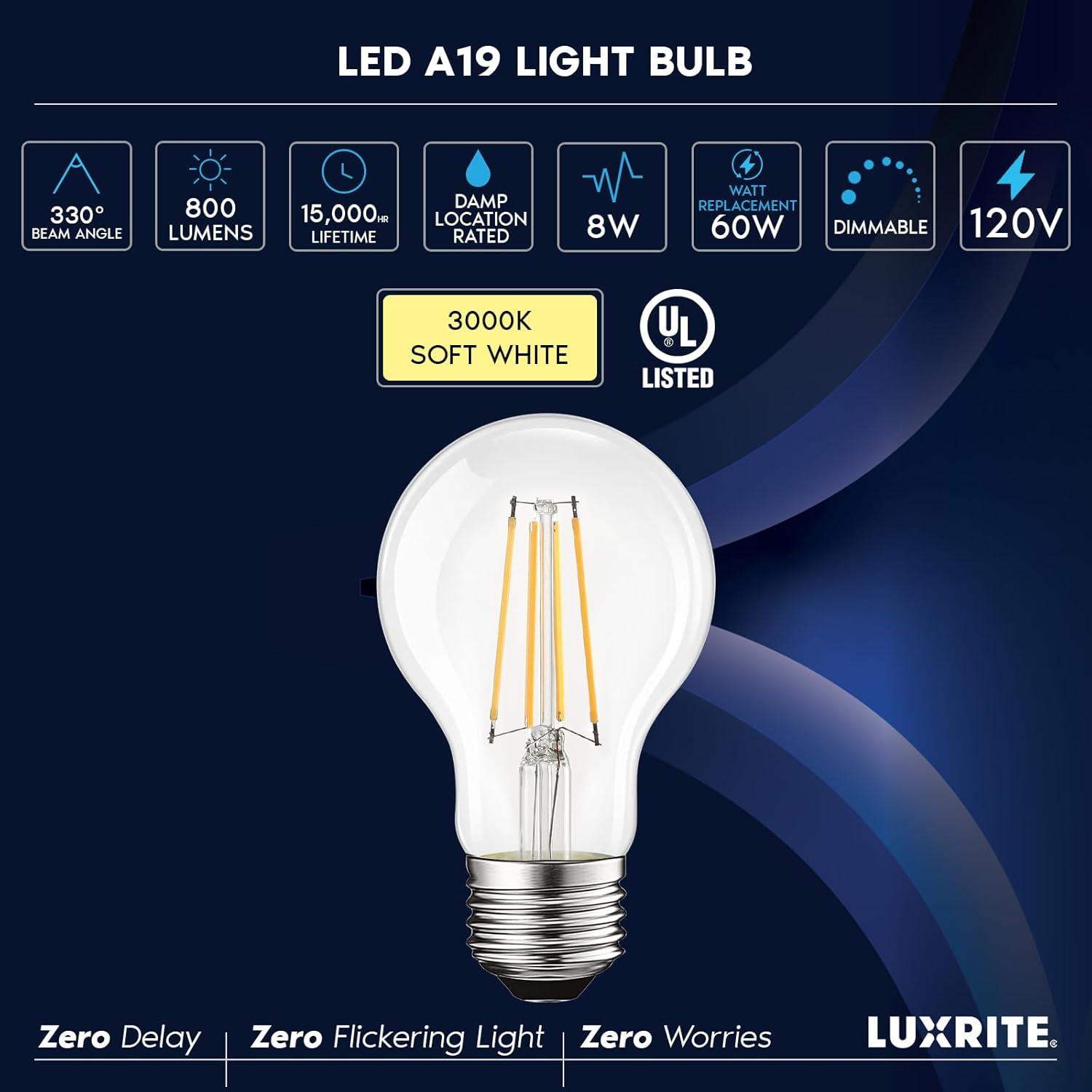 8 Watt (60 Watt Equivalent), Edison A19 LED, Dimmable Light Bulb, E26/Medium (Standard) Base