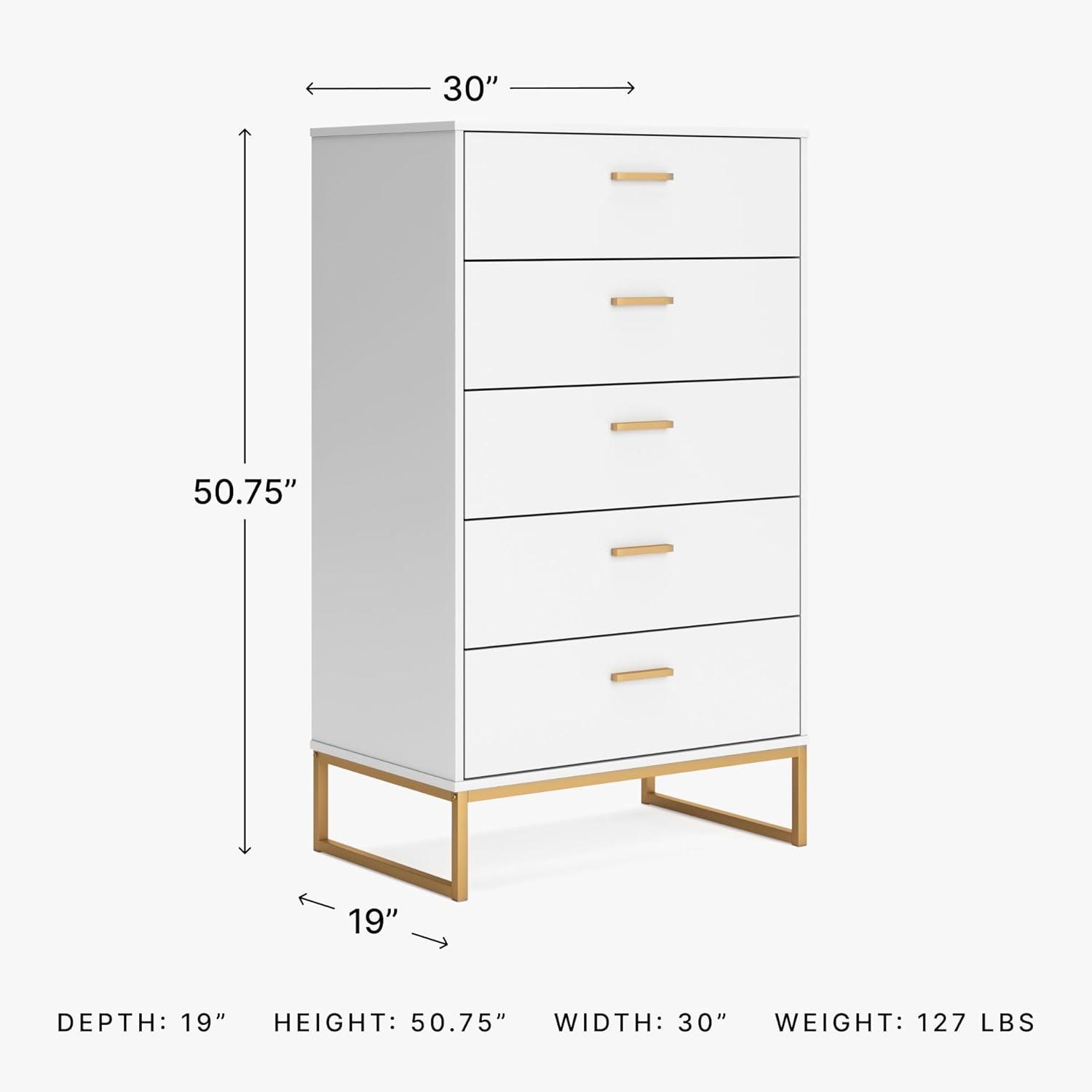 Signature Design by Ashley Socalle 5 Drawer Tall Dresser, White/Gold