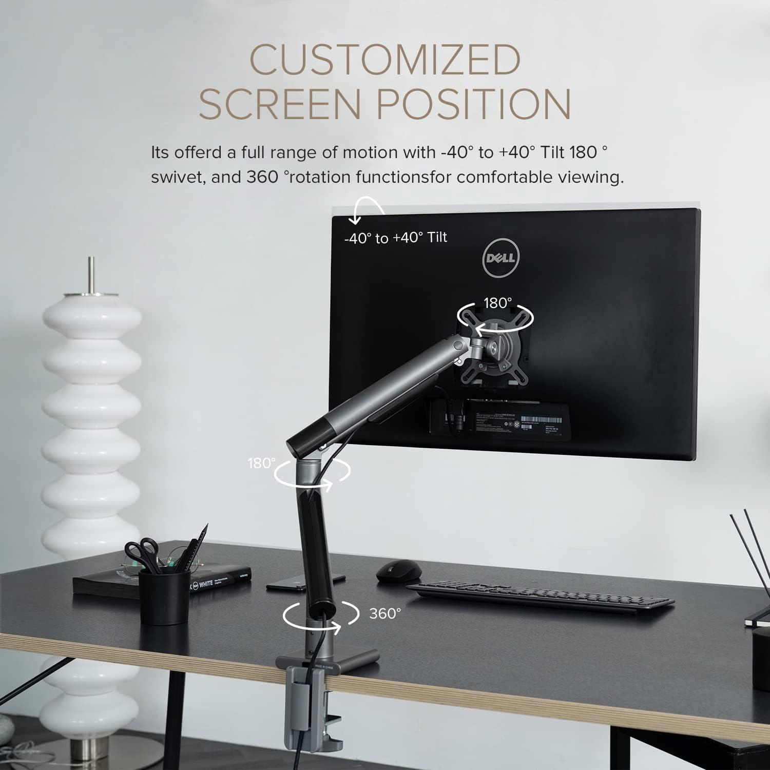 POUT Eyes 12 Single Aluminum Monitor Arm - Fully Adjustable Full Motion Tilt Swivel Rotate Spring Desk Mount Stand - Clamp & Grommet Base - Supports 4-20lbs 75x75mm 17-32 Inch Display (Grey/Black)