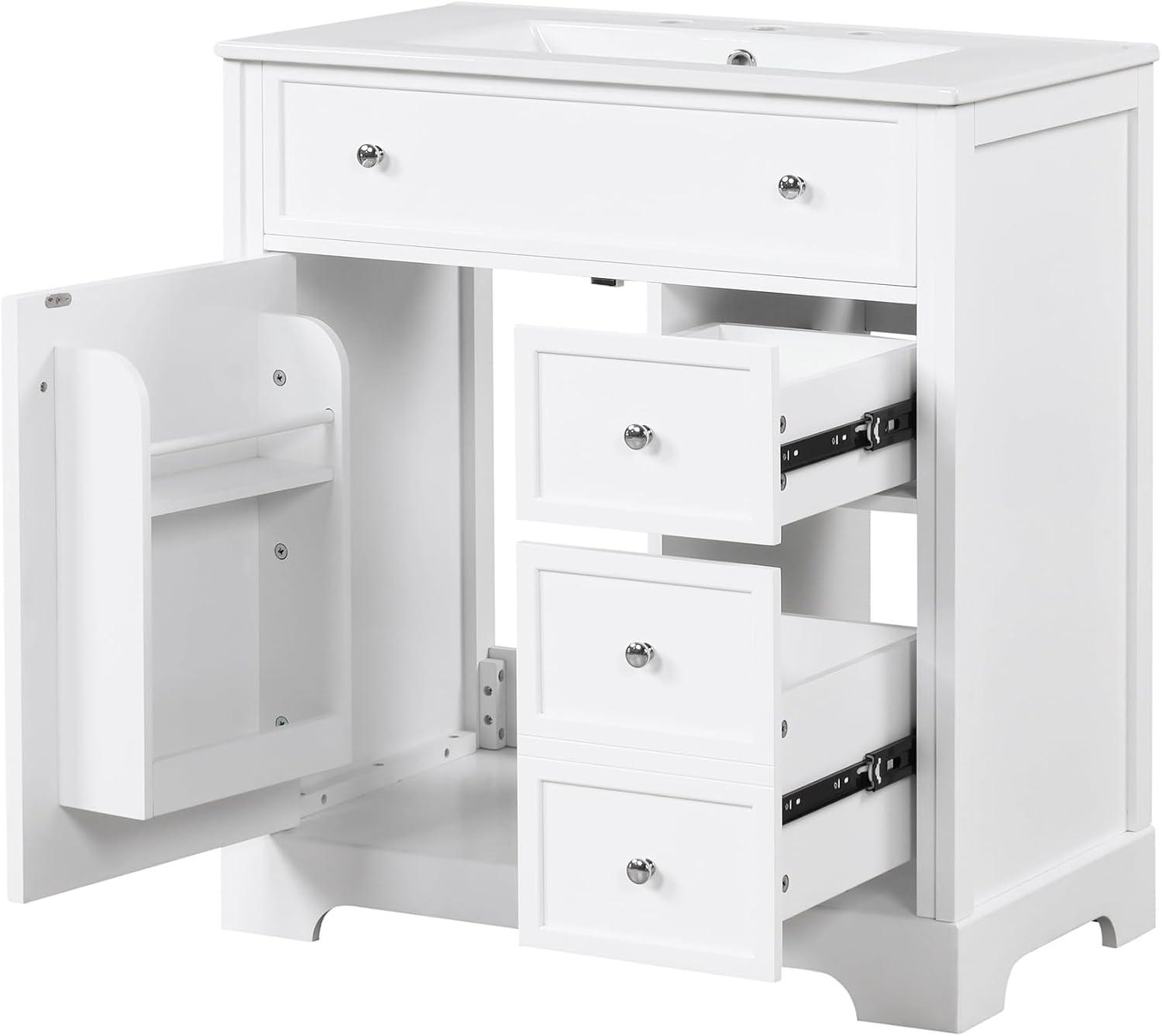 White 30" Solid Wood Bathroom Vanity with Ceramic Sink