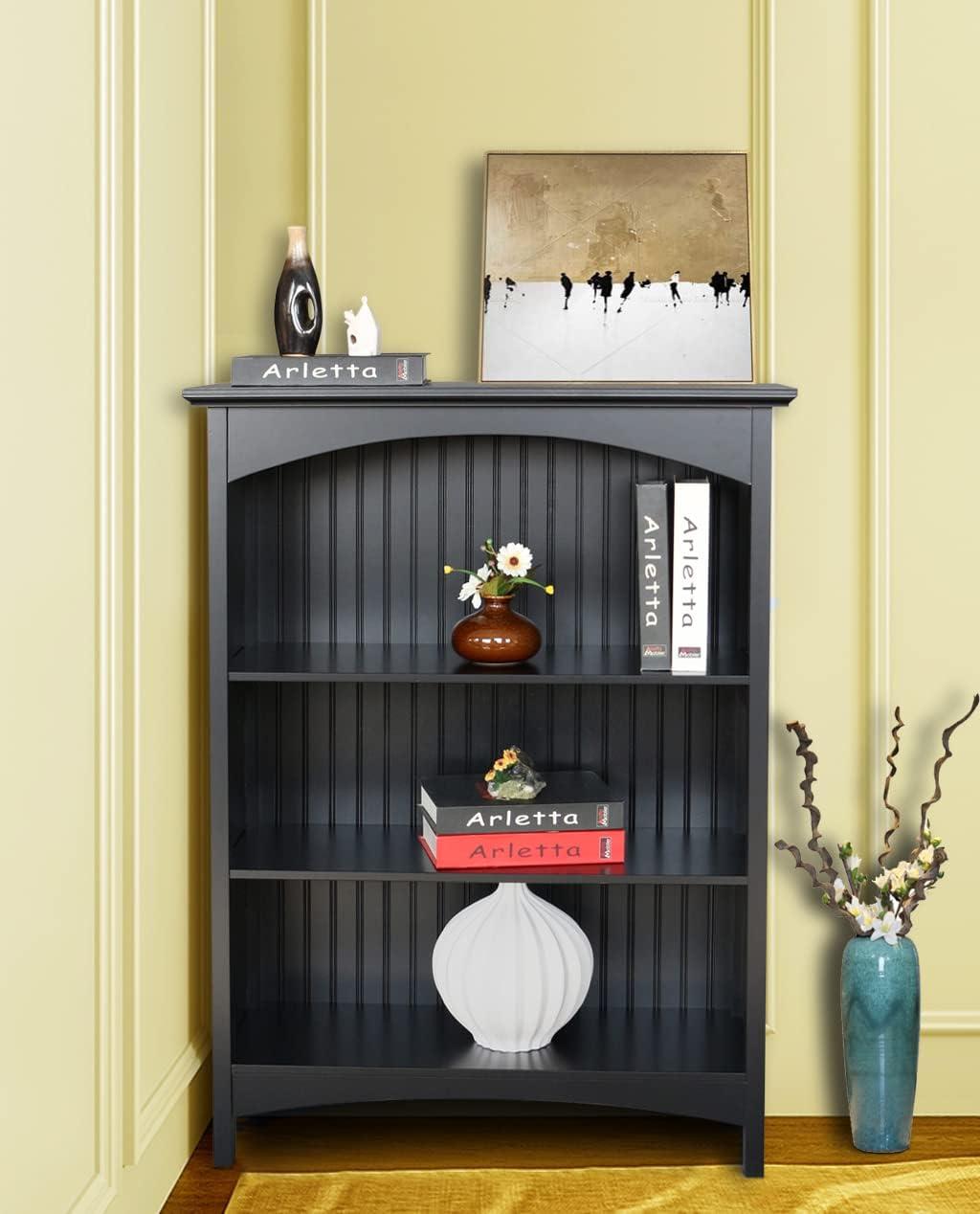 eHemco 3 Tier Storage Shelf Bookcase with 2 Arched Supports, 40 Inches Height, Black