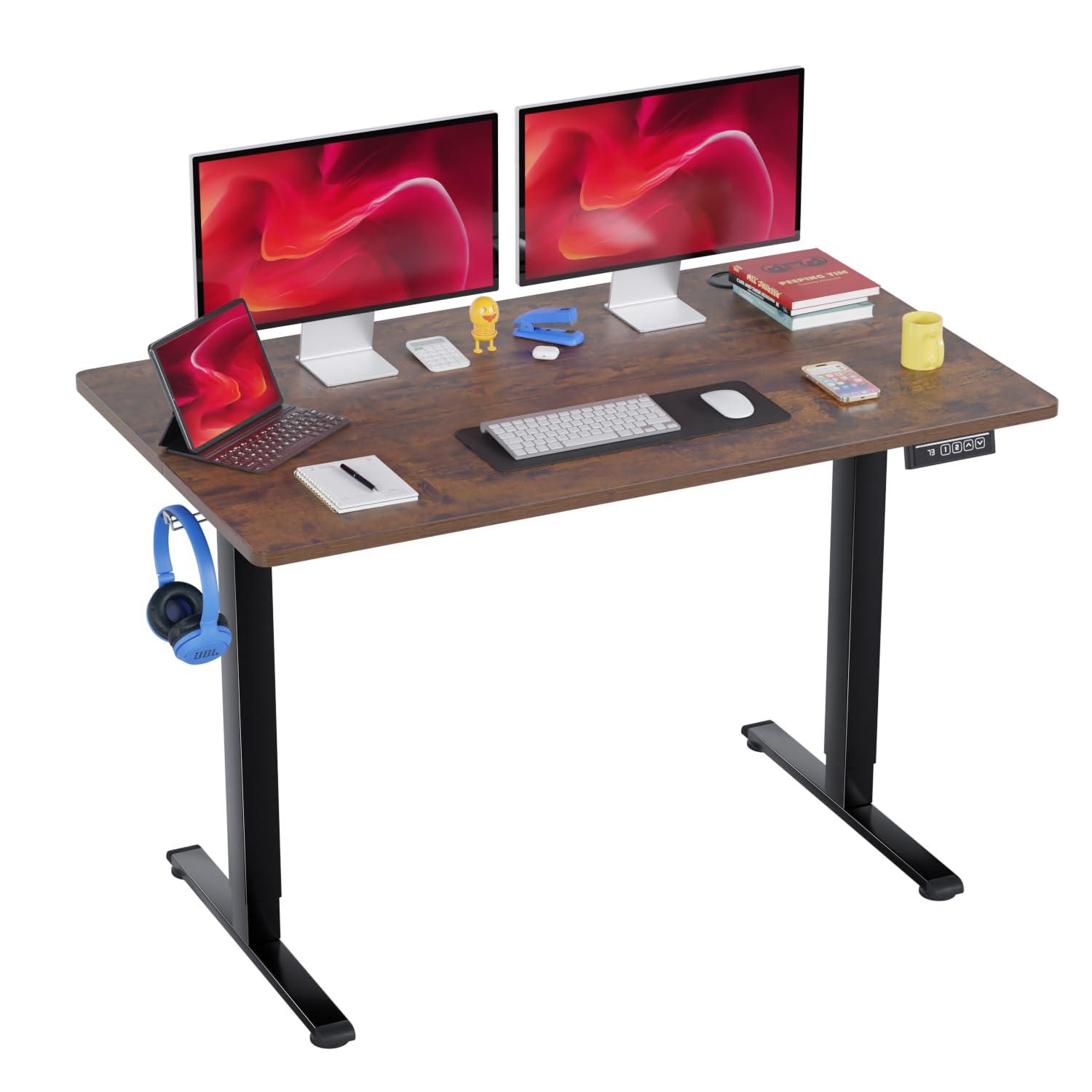 FDW 48 Adjustable Height Standing Desk Computer Desk with Large Space and Headphone Holder with Electric Lifting and 2 Memory Function,Brown
