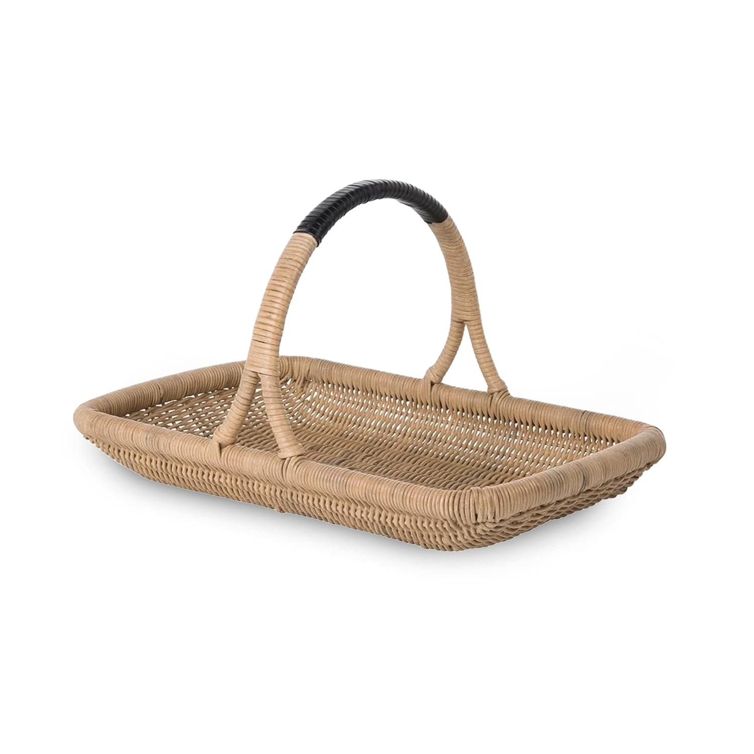 Kouboo Vegetable And Flower Wicker Basket With Leather Wrapped Arch Handle, Rattan Fruit Basket For Table, Wicker Flower Basket For Storage, Natural Color