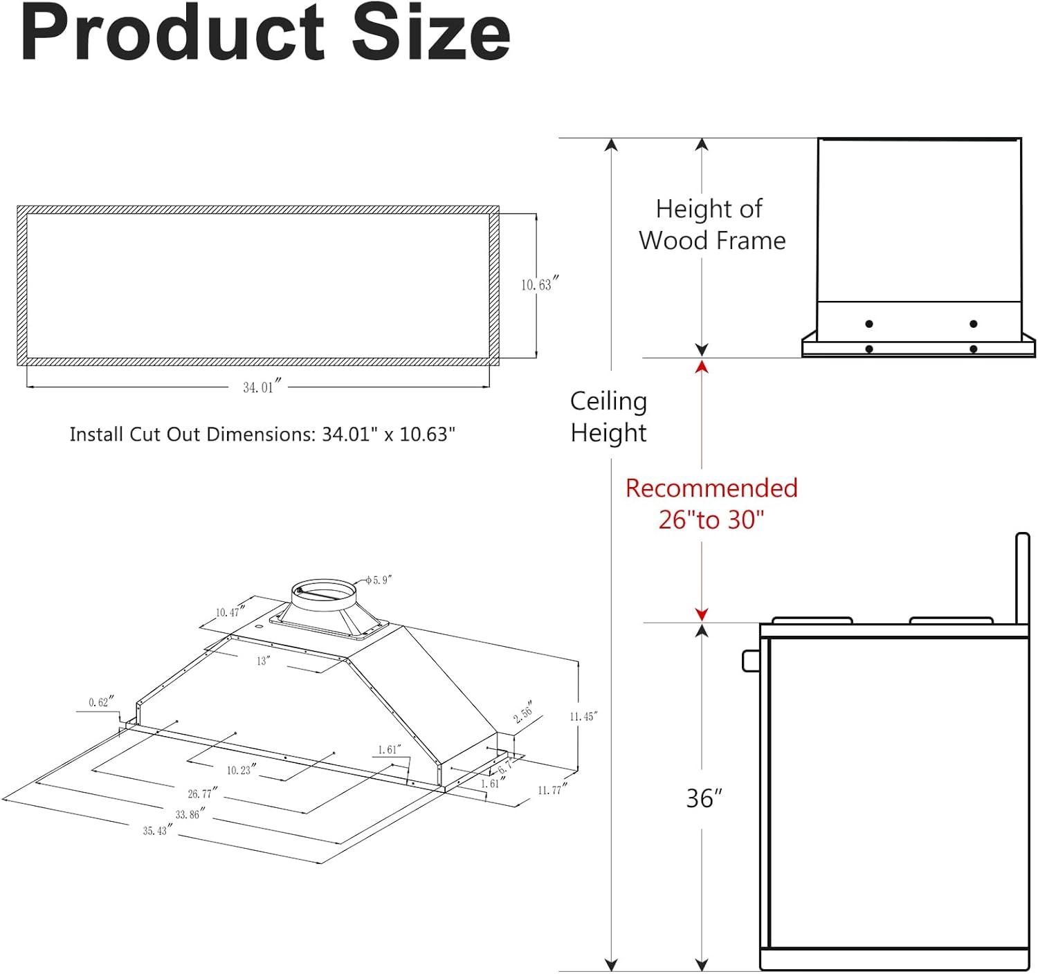 HisoHu 36" Stainless Steel 900 CFM Convertible Insert Range Hood with Mesh Filter