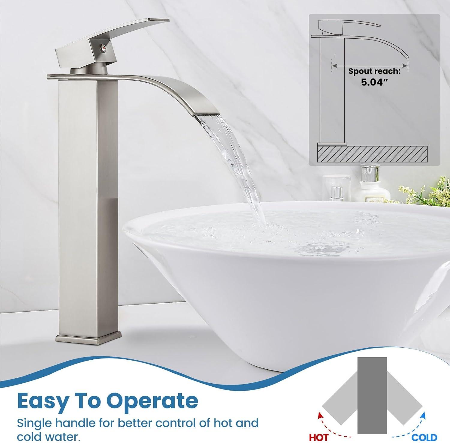 Single Handle Waterfall Vessel Sink Faucet Drain Kit Included and Single Hole in Brushed Nickel