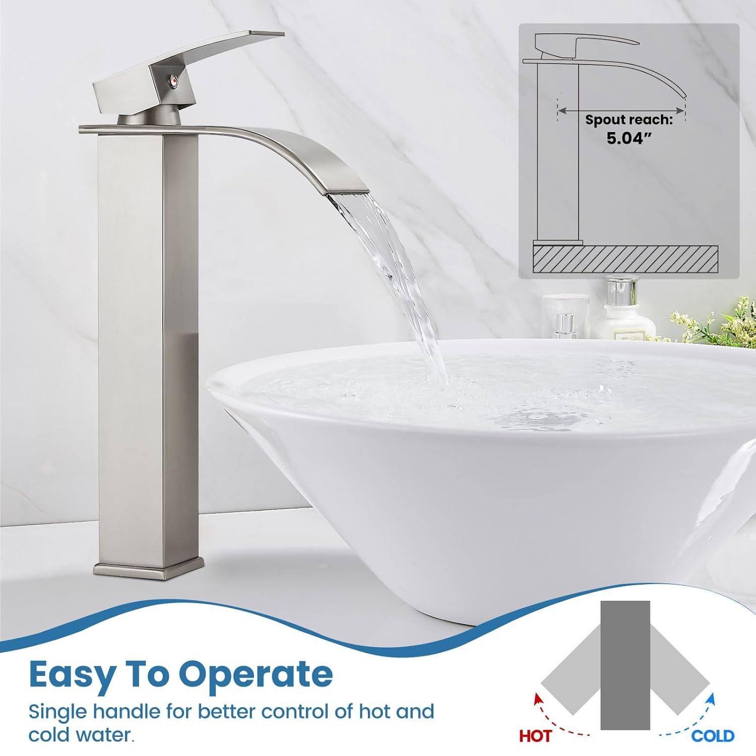 Single Handle Waterfall Vessel Sink Faucet Drain Kit Included and Single Hole in Brushed Nickel