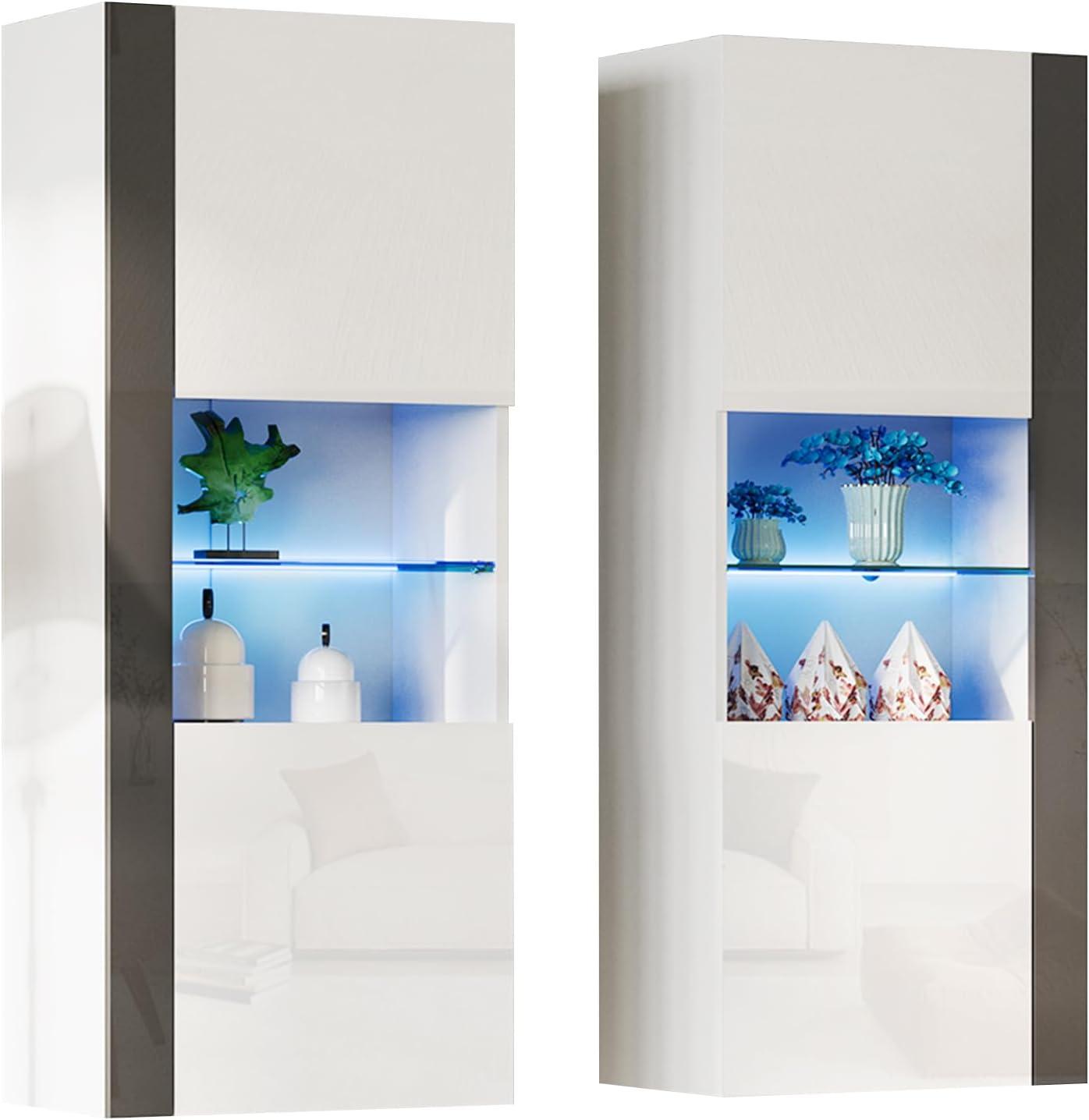 VanAcc Modern Wall Storage Cabinets with LED Lights, Hanging Cabinets with Closed Doors & Open Shelves, Black