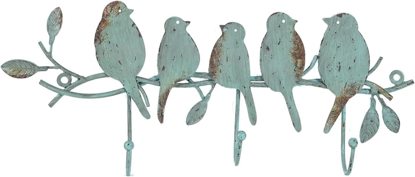 Vintage Green Metal Bird Branch Wall Mounted Coat Rack