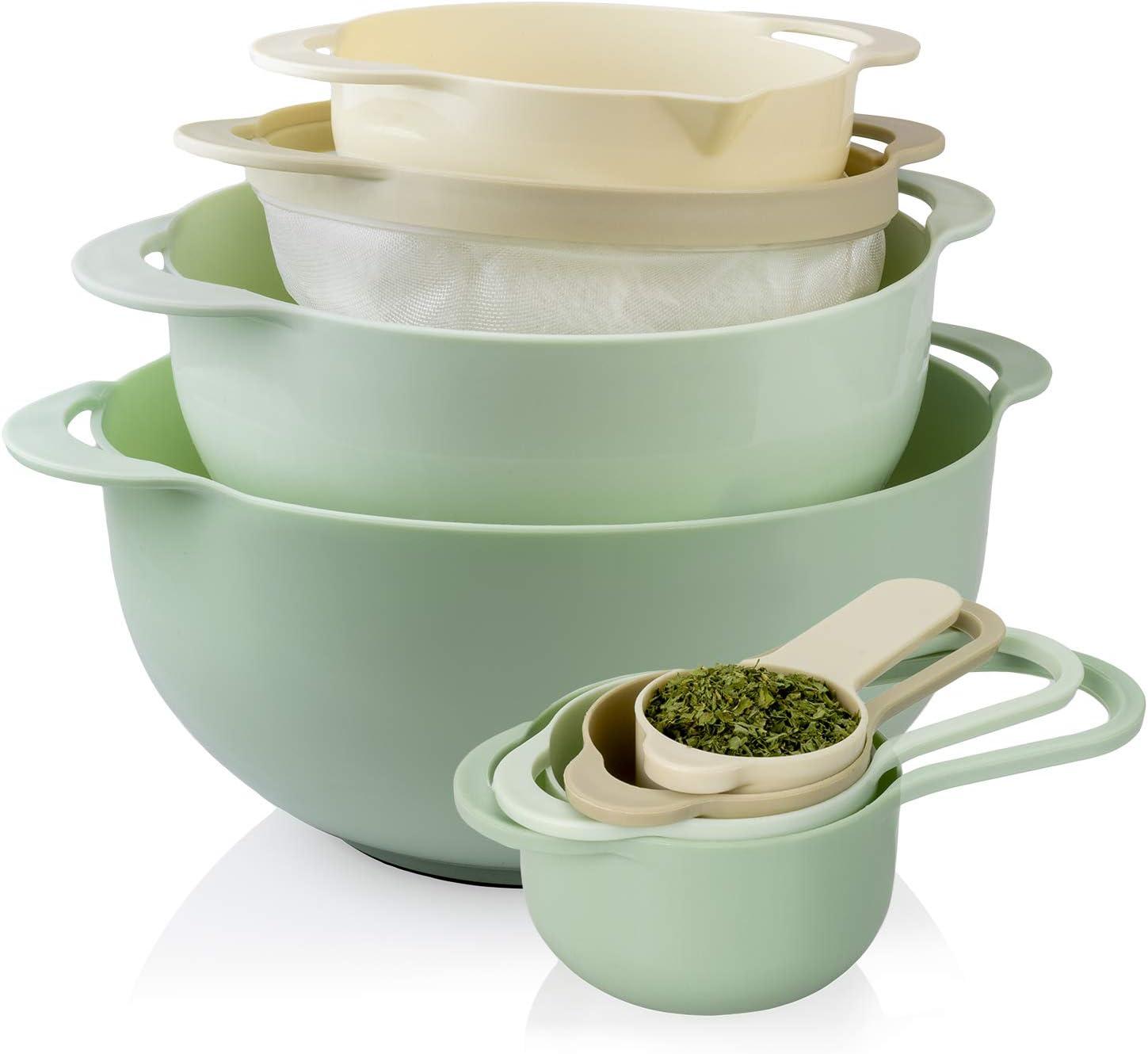 COOK WITH COLOR 8 Piece Nesting Bowls with Measuring Cups Colander and Sifter Set - Includes 2 Mixing Bowls, 1 Colander, 1 Sifter and 4 Measuring Cups, polypropylene, Mint Green