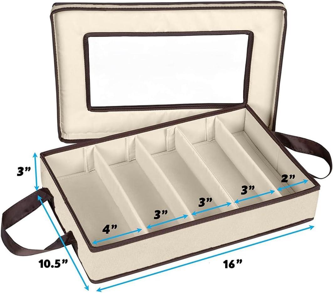 Windowed Flatware Storage Chest, 5 Compartment Storage with Serving Utensil Pouch, Canvas with Brown Trim