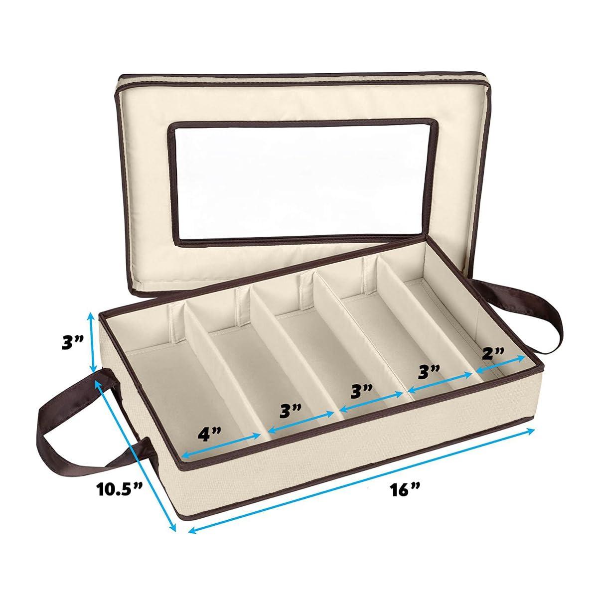 Windowed Flatware Storage Chest, 5 Compartment Storage with Serving Utensil Pouch, Canvas with Brown Trim