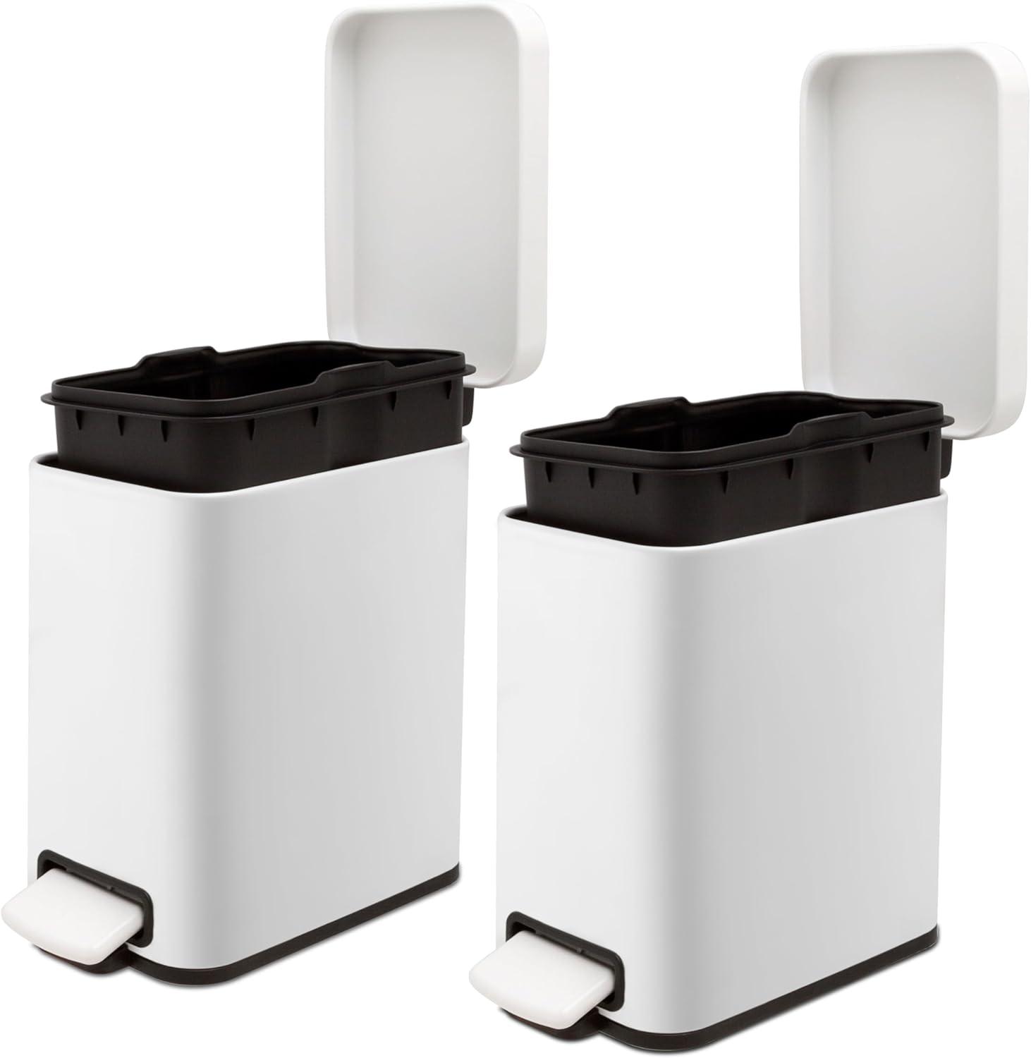 Matte White Stainless Steel Slim Step Trash Can Set