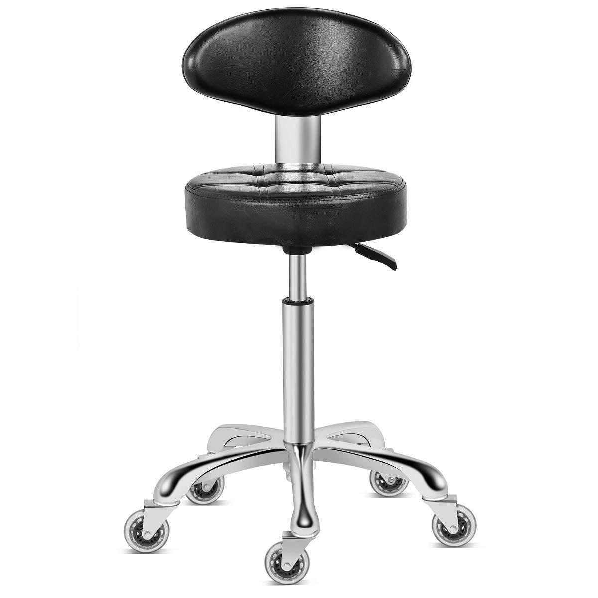 Kaleurrier Rolling Stool Salon Chair with Smooth-Rolling Wheels 360-degree Swivel Seat Heavy Duty Hydraulic Height Adjustable High Barber Cutting Stools (Black, with Backrest)