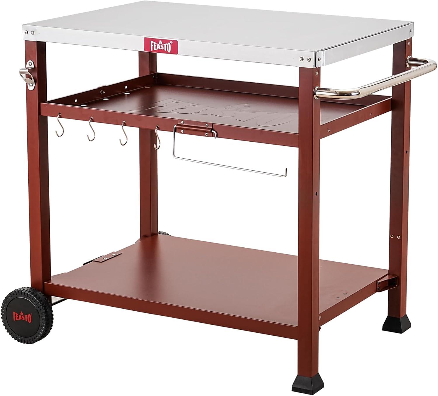 Three-Shelf Red and Stainless Steel Outdoor Grill Cart