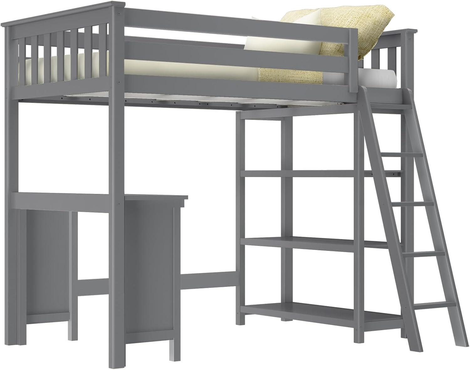 Max & Lily Loft Bed, Solid Wood Twin High Loft Bed with Bookcase and Desk for Kids, White