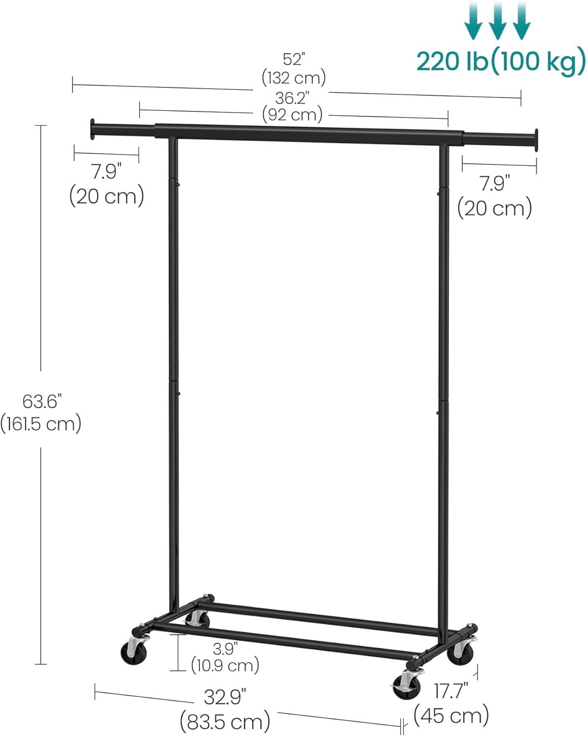 Heavy Duty Clothes Rack, Clothing Rack for Hanging Clothes, Portable Garment Rack with Wheels and Extendable Hanging Rod, 198 lb Load Capacity, Black