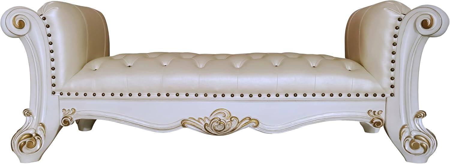 Acme Furniture 74" Vendome Ottoman and Bench Pearl Synthetic Leather and Antique Pearl Finish: Linen Upholstery, Metal Legs, No Tools Assembly