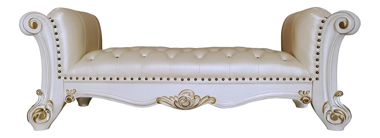 Acme Furniture 74" Vendome Ottoman and Bench Pearl Synthetic Leather and Antique Pearl Finish: Linen Upholstery, Metal Legs, No Tools Assembly