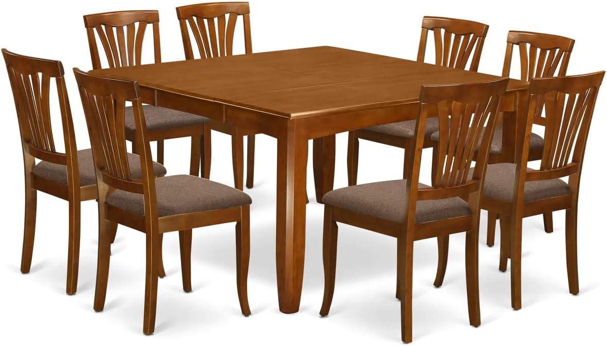 Saddle Brown Square Wood Dining Table with 8 Linen Chairs