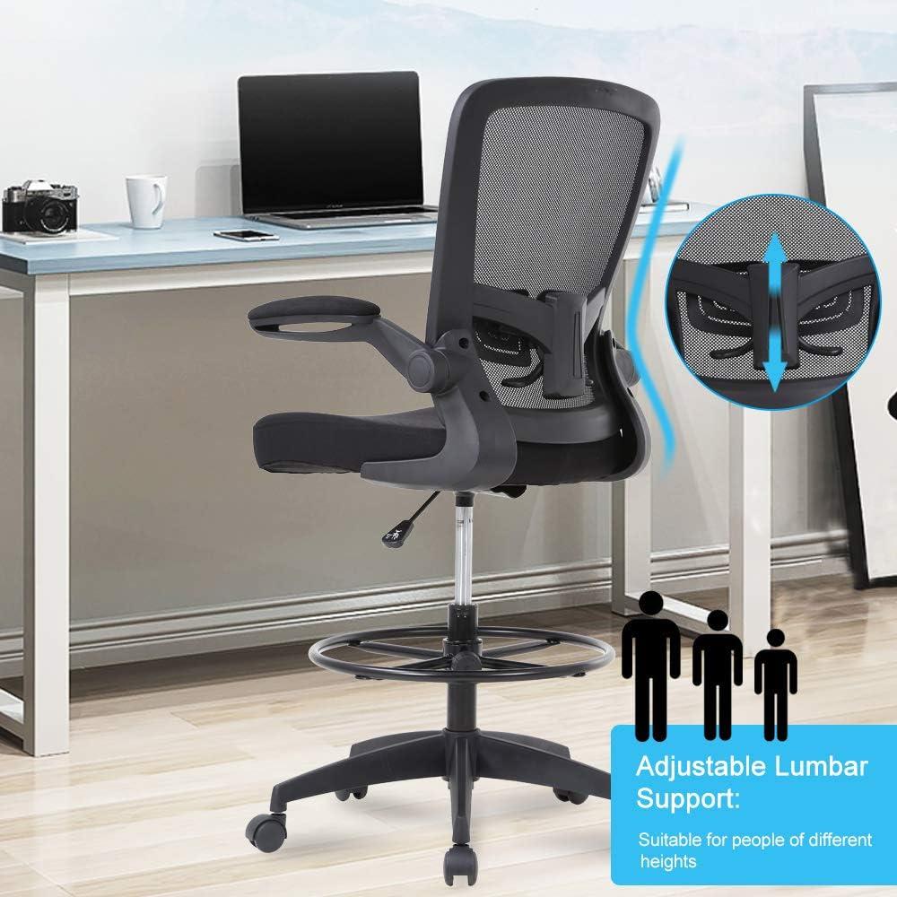 Drafting Chair Tall Office Chair Adjustable Height with Lumbar Support Flip Up Arms Footrest Mid Back Task Mesh Desk Chair Computer Chair Drafting Stool for Standing Desk, Black