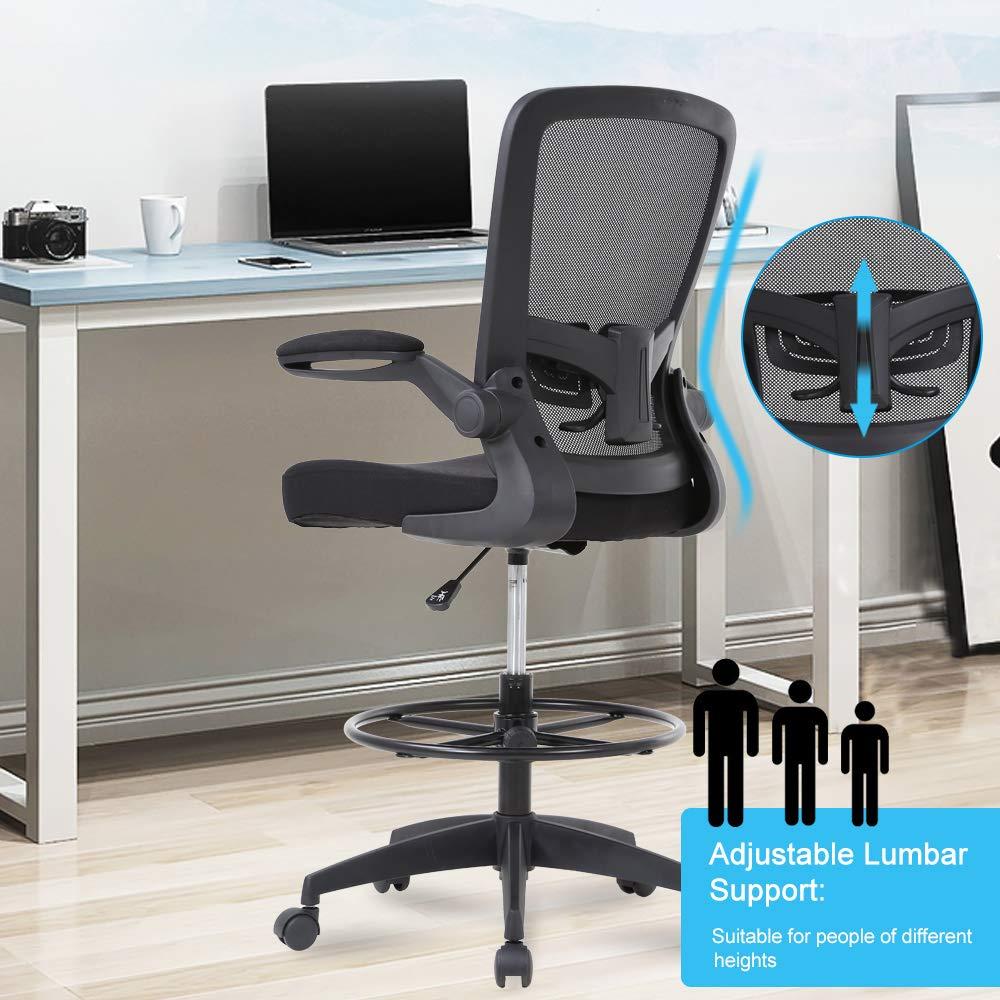 Drafting Chair Tall Office Chair Adjustable Height with Lumbar Support Flip Up Arms Footrest Mid Back Task Mesh Desk Chair Computer Chair Drafting Stool for Standing Desk, Black