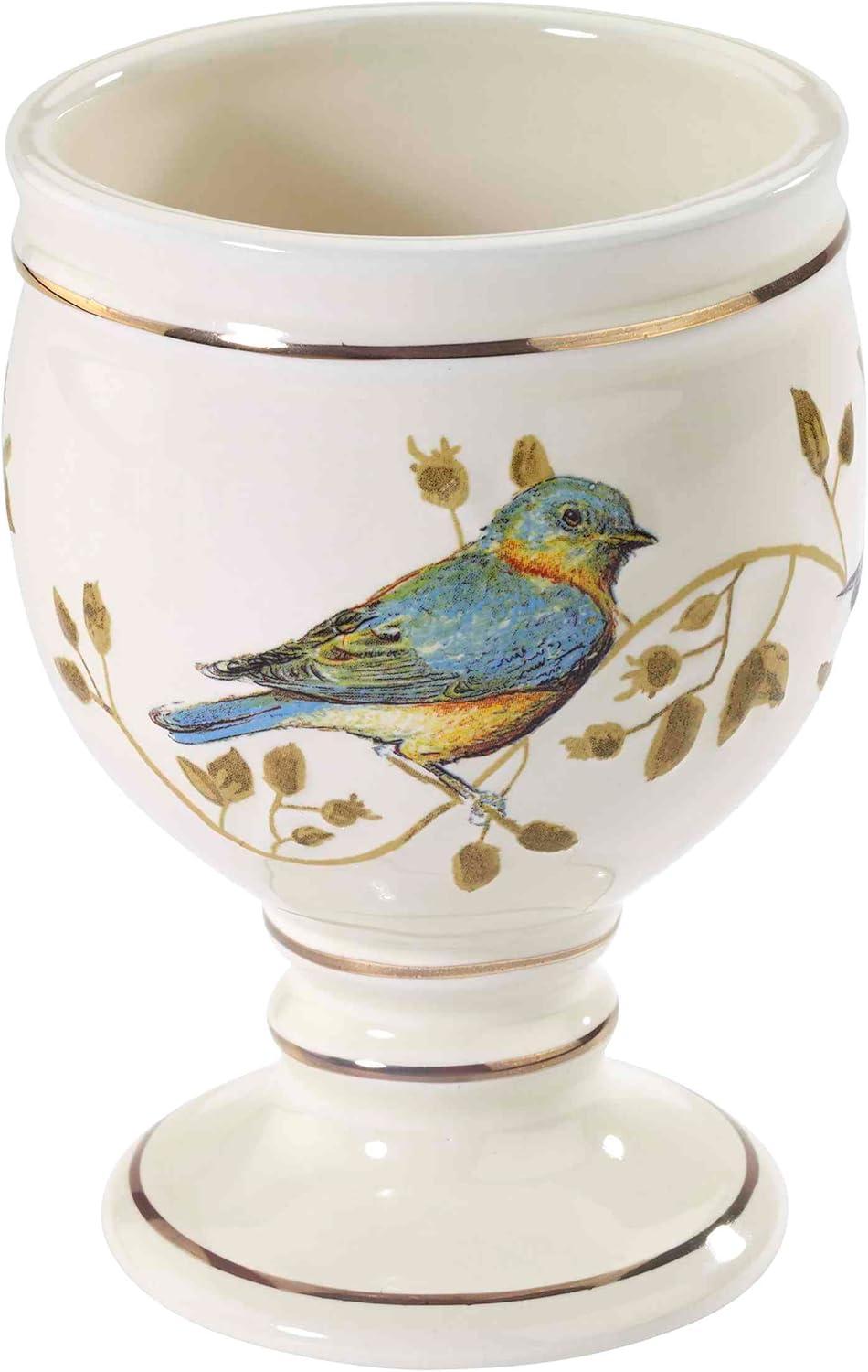 Ivory Ceramic Tumbler with Gold Trim and Bird Motif