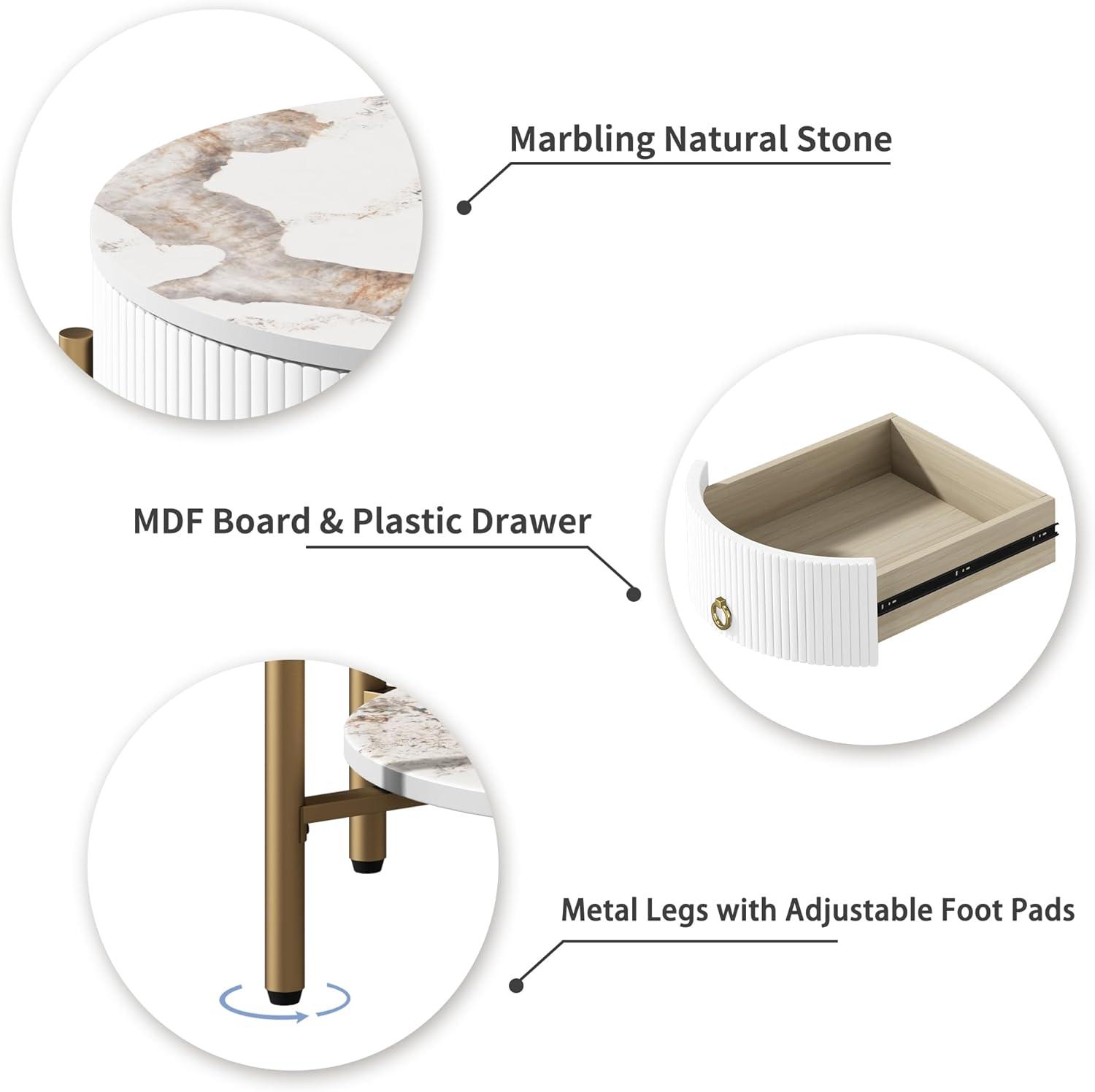 ASYA Gold End Table with Drawer, 2-Tier Nightstand Side Table with Natural Stone Top, Round Bedside Table Accent Table for Living Room Bedroom