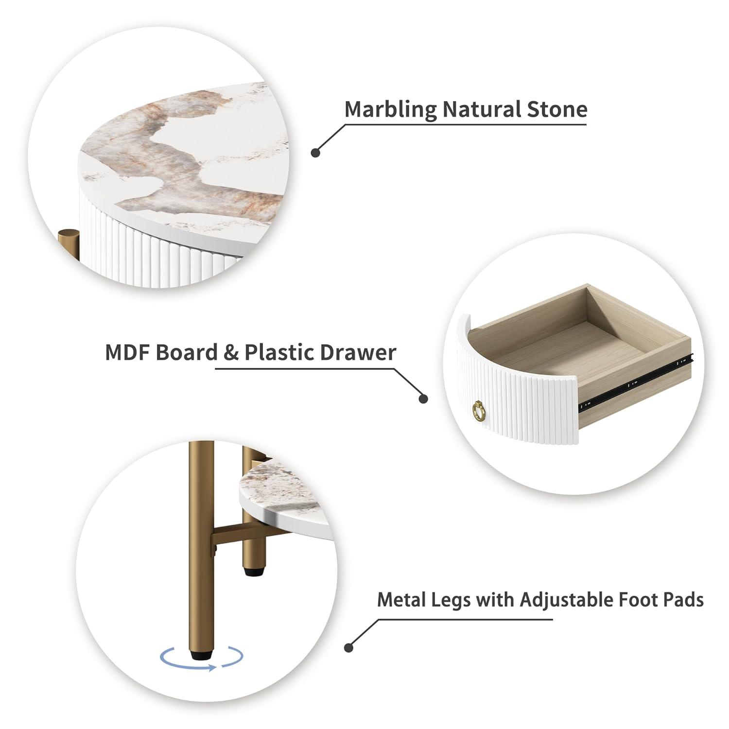 ASYA Gold End Table with Drawer, 2-Tier Nightstand Side Table with Natural Stone Top, Round Bedside Table Accent Table for Living Room Bedroom