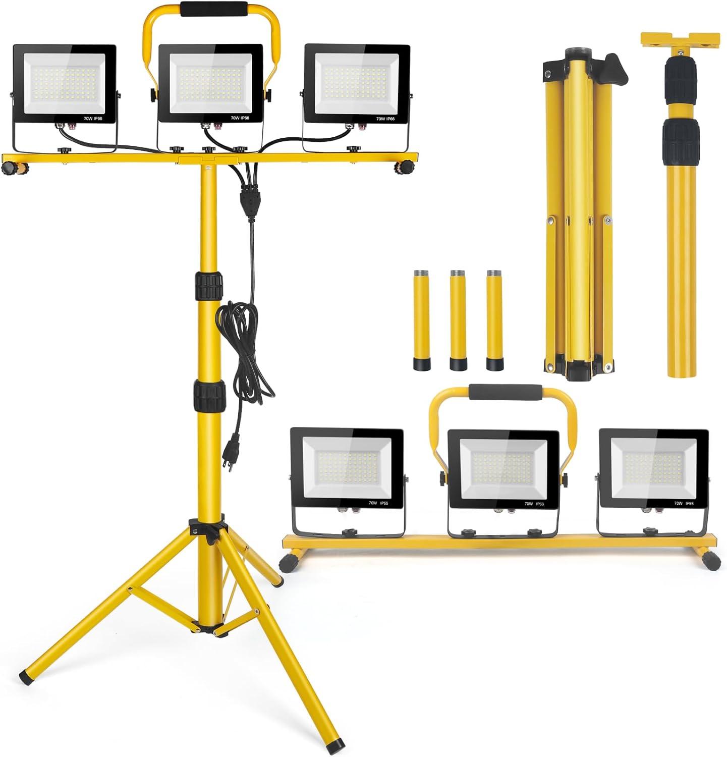 21000 Lumen Work Lights with Stand，3 Adjustable Head LED Work Light, with Adjustable and Foldable Tripod Stand, Waterproof Lamp with Individual Switch with 6500 Kelvin Color Temperature