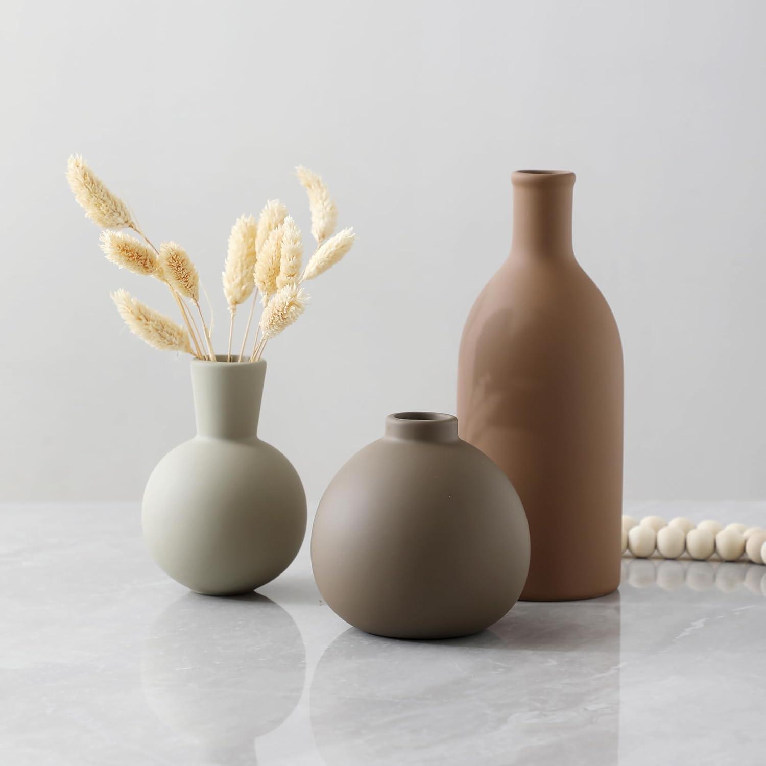 Bungalow Rose Ceramic Vase Set of 3, Vases Home Decor Rustic Vase Decor Vase Terra Cotta Pottery Vases