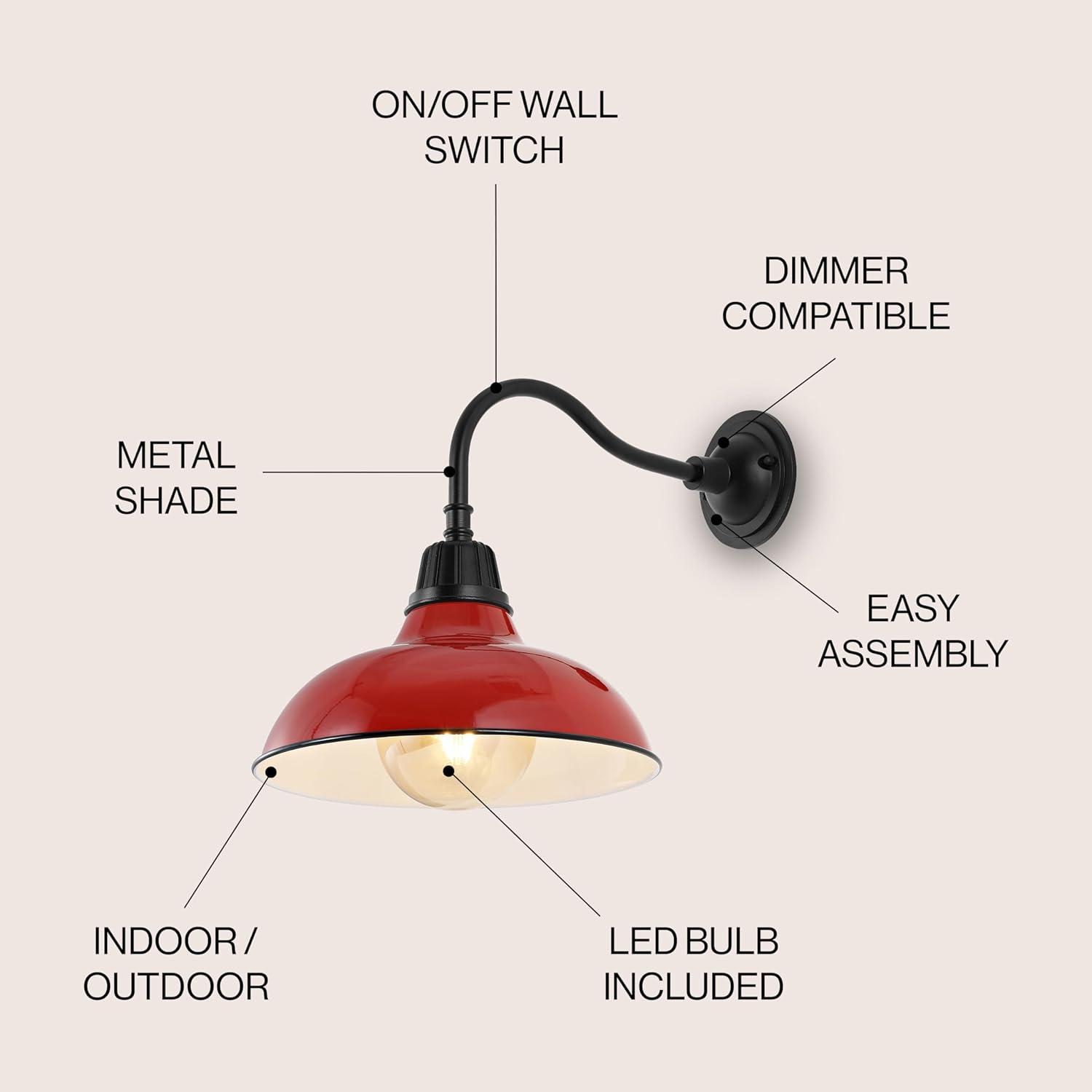 Aurora 12.25" 1-Light Farmhouse Industrial Indoor/Outdoor Iron LED Gooseneck Arm Outdoor Sconce, Red