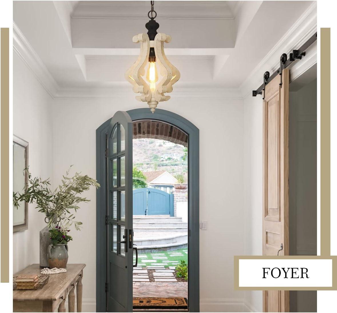 Wooden Chandelier Pendant Light with Adjustable Chain Lighting Fixture for Farmhouse Living Room